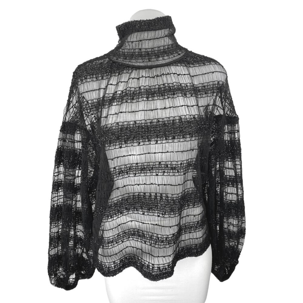 Express Women's Black Metallic Lace Long Sleeve Turtleneck Sheer Blouse Top Sz M